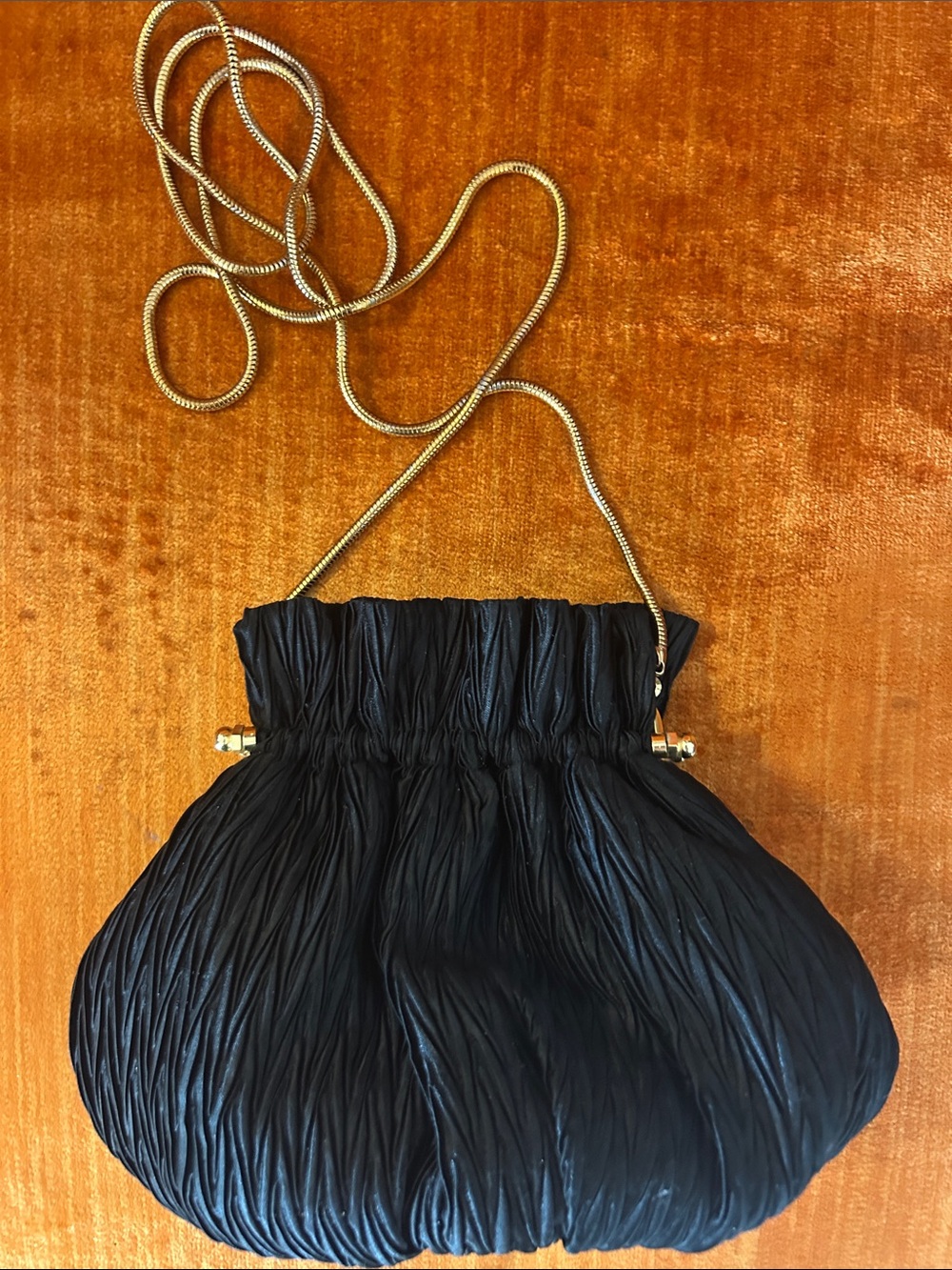 Vintage Vanessa Black Ruched Evening Bag with Gold Snake Chain